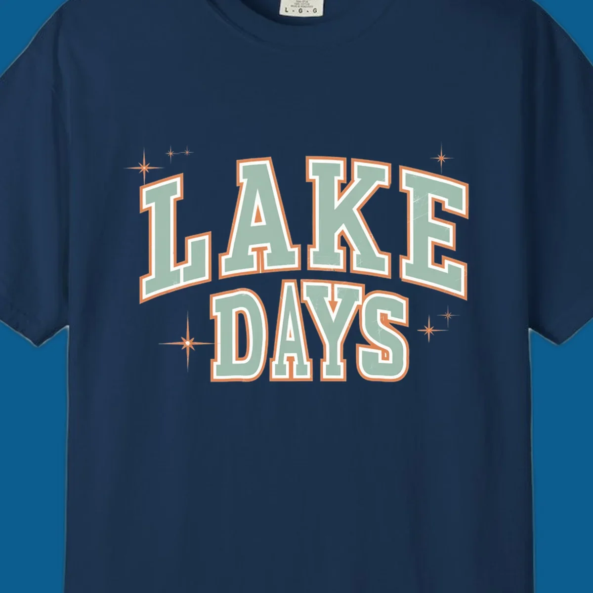 Retro varsity style LAKE DAYS text with starbursts graphic.