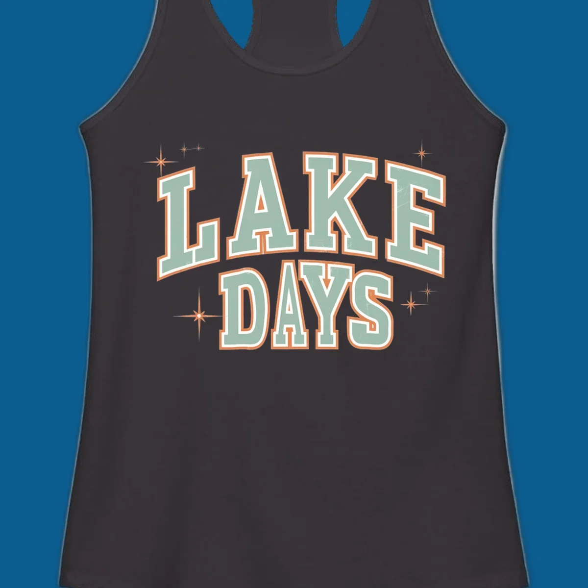 Retro varsity style LAKE DAYS text with starbursts graphic.