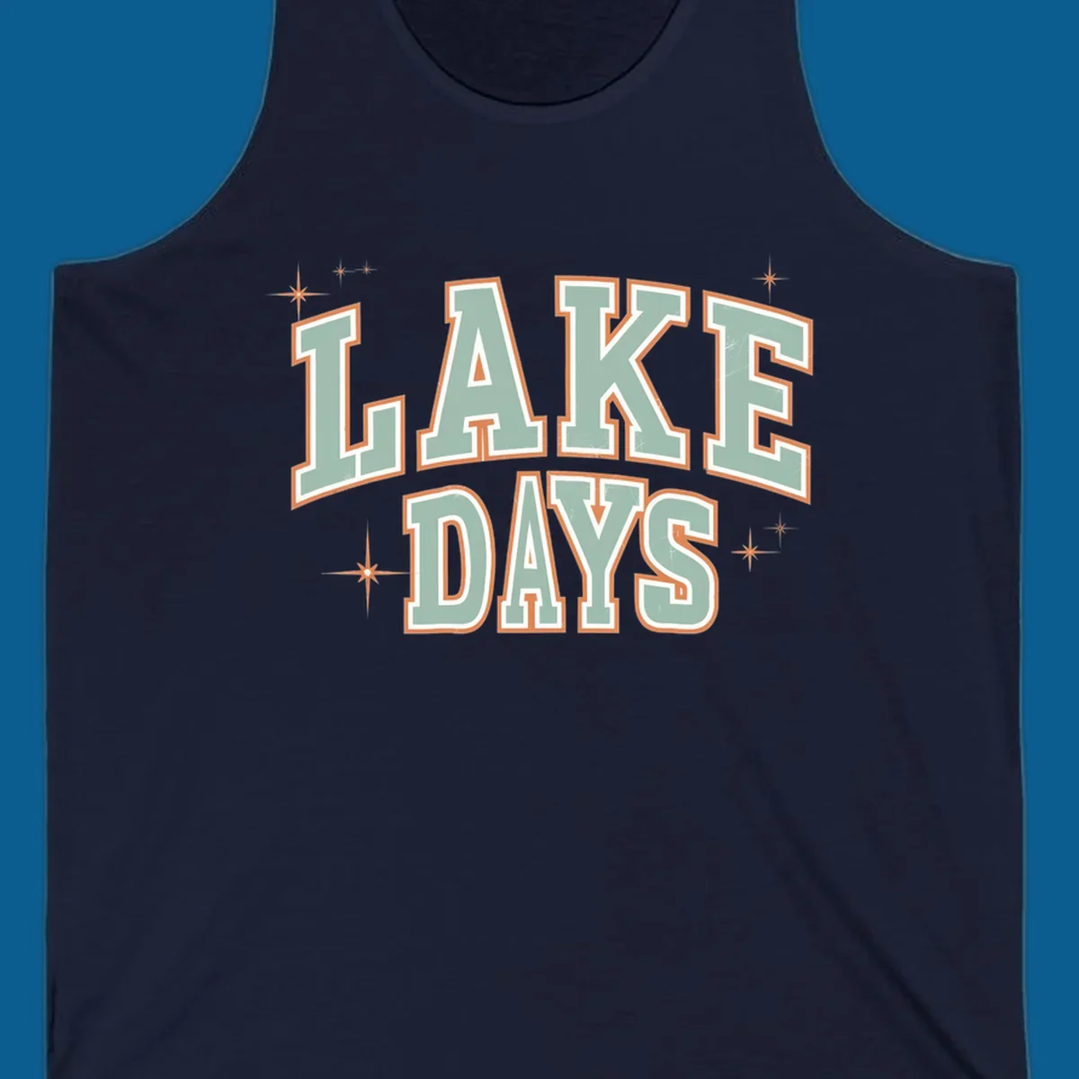 Retro varsity style LAKE DAYS text with starbursts graphic.