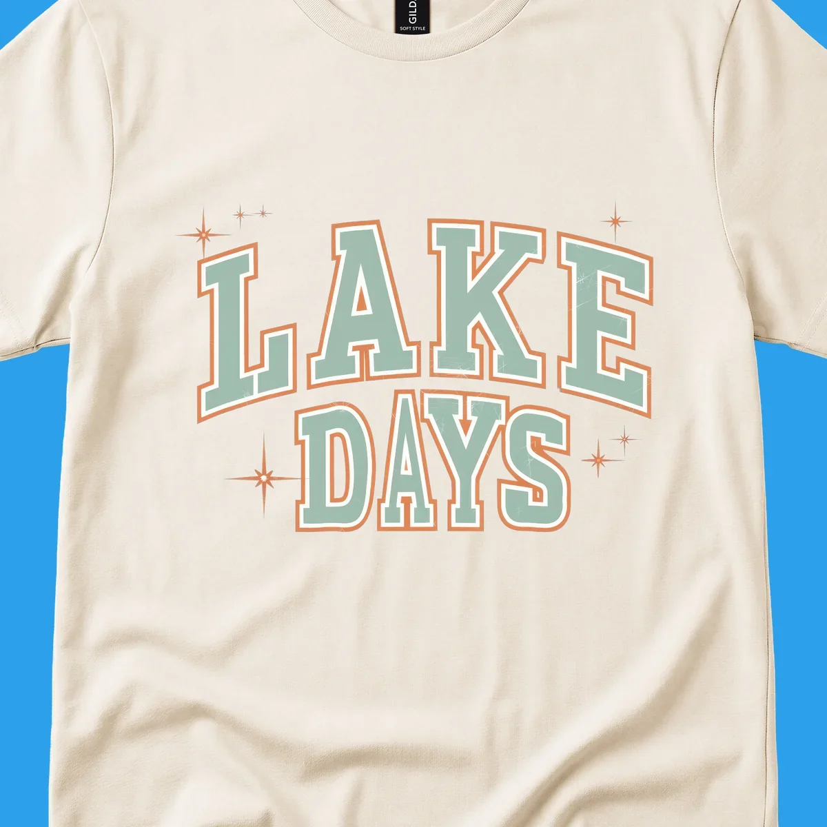 Retro varsity style LAKE DAYS text with starbursts graphic.