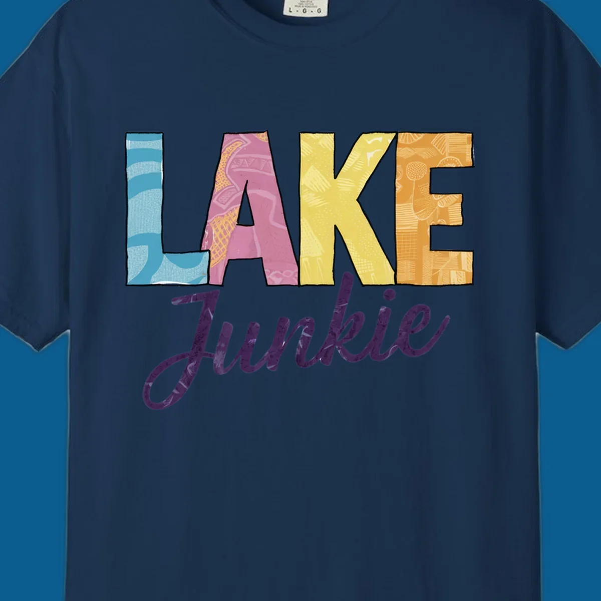 Lake Junkie typography design with colorful patterned letters and purple script text.