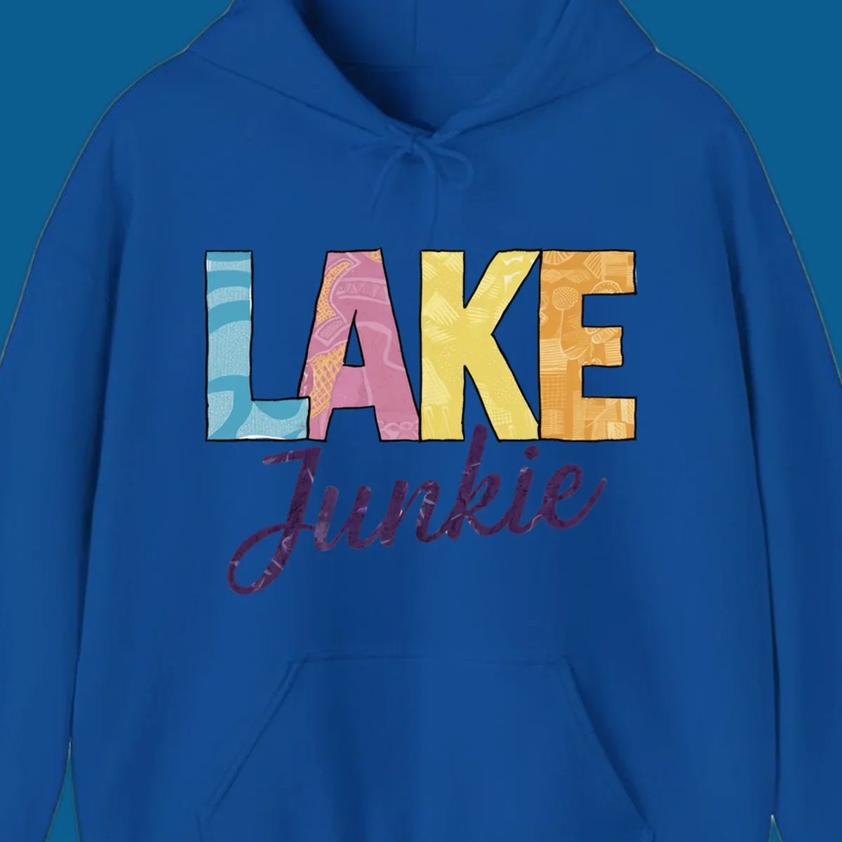 Lake Junkie typography design with colorful patterned letters and purple script text.