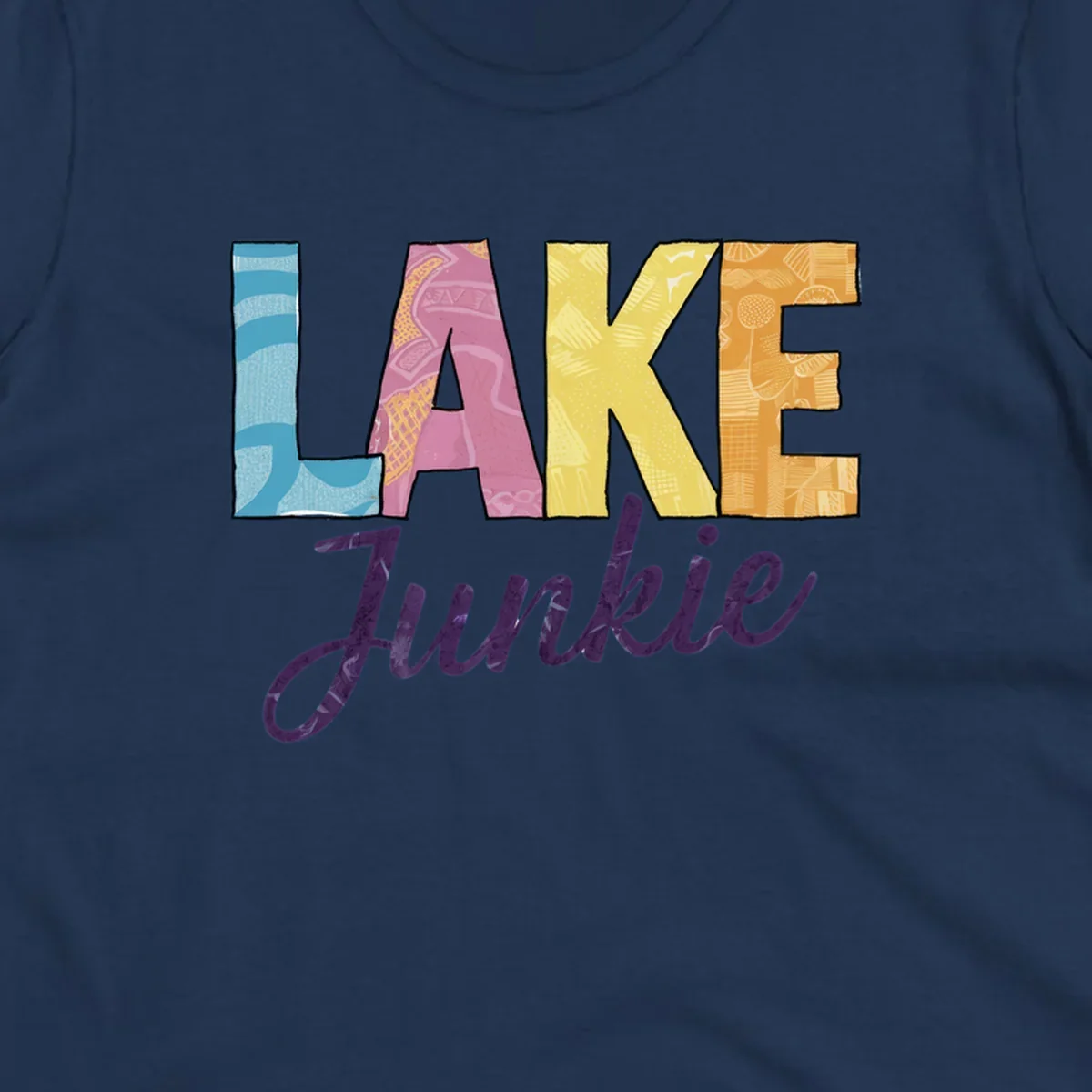 Lake Junkie typography design with colorful patterned letters and purple script text.