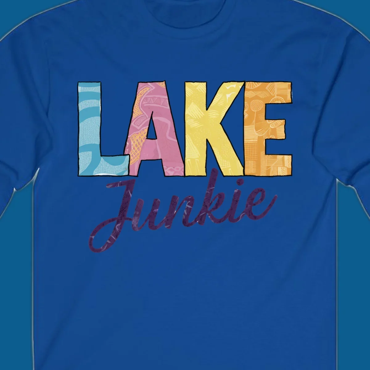 Lake Junkie typography design with colorful patterned letters and purple script text.