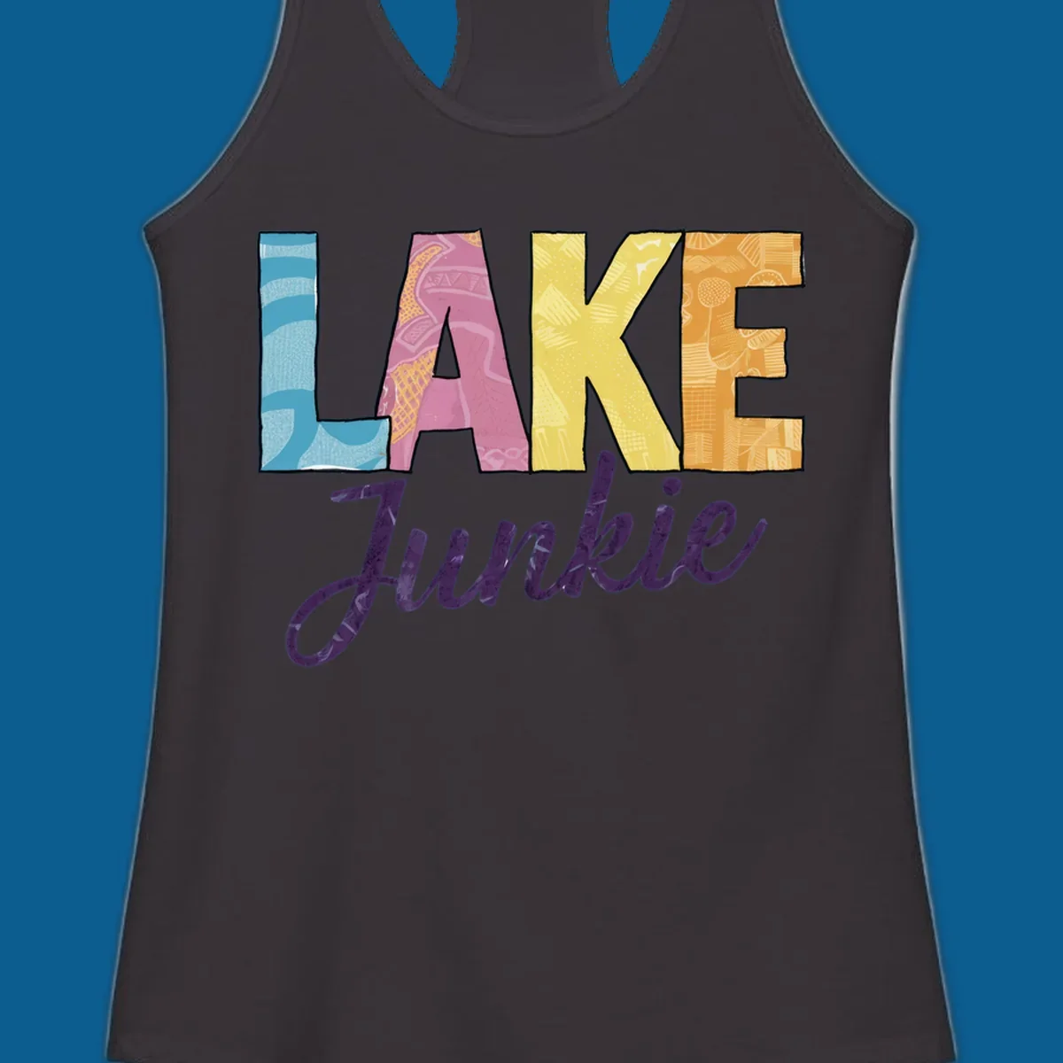 Lake Junkie typography design with colorful patterned letters and purple script text.