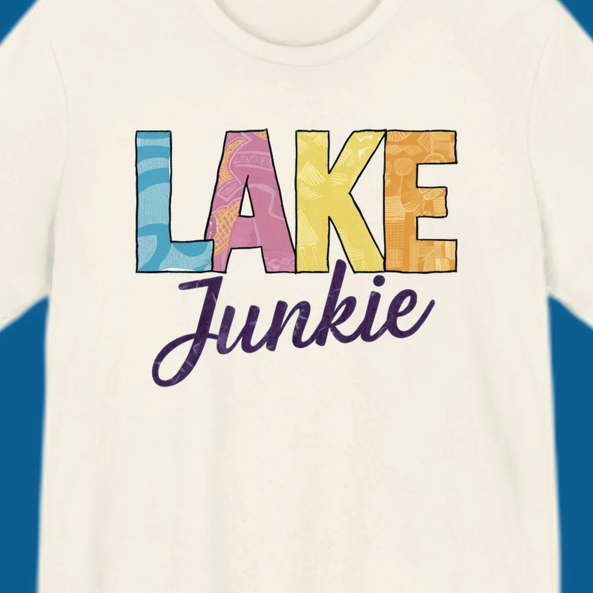 Lake Junkie typography design with colorful patterned letters and purple script text.