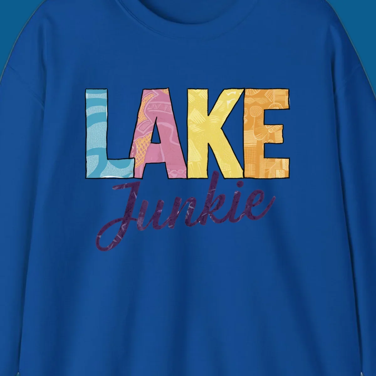 Lake Junkie typography design with colorful patterned letters and purple script text.