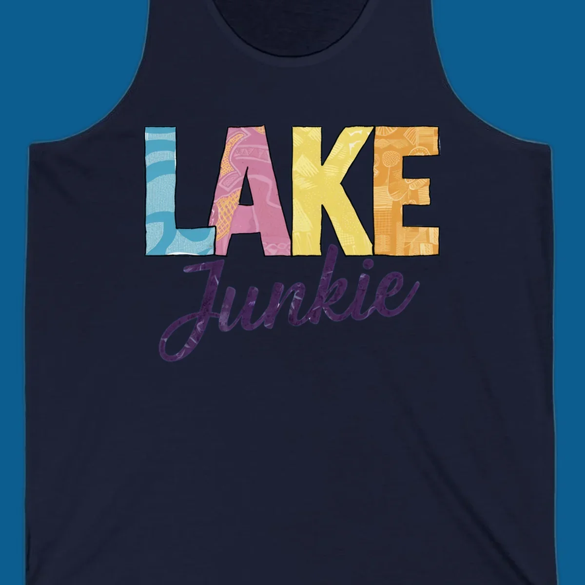 Lake Junkie typography design with colorful patterned letters and purple script text.