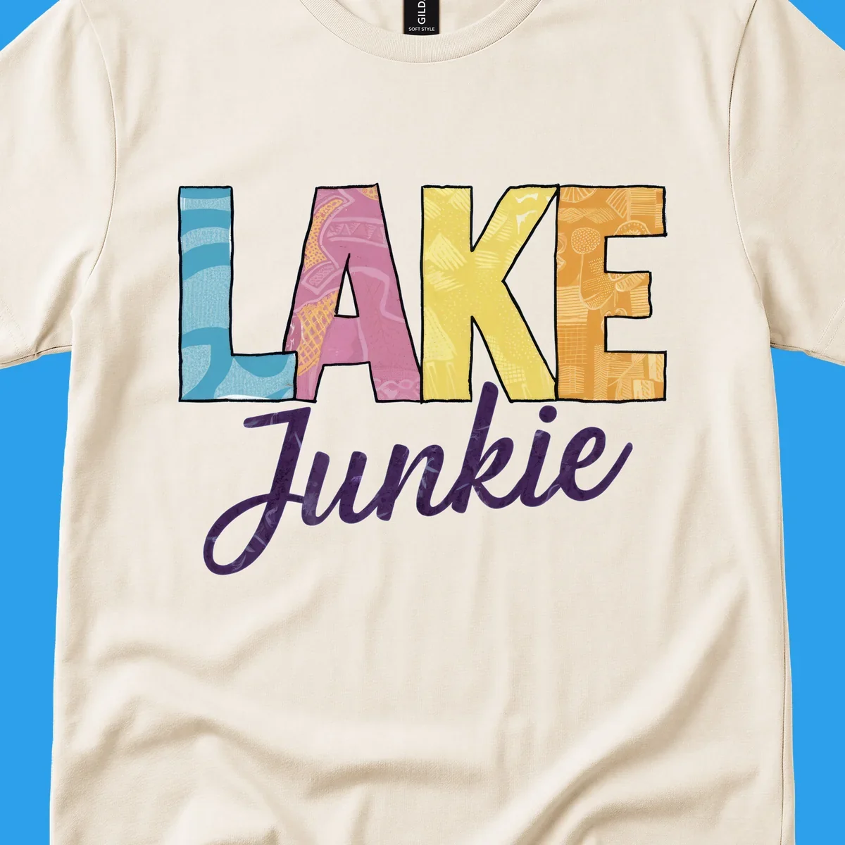 Lake Junkie typography design with colorful patterned letters and purple script text.