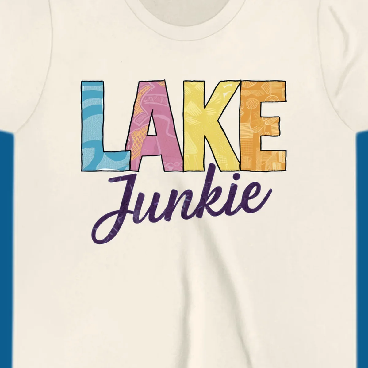 Lake Junkie typography design with colorful patterned letters and purple script text.