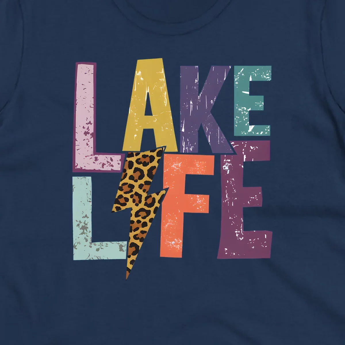 Distressed letters spelling LAKE LIFE with a leopard print lightning bolt, lake-life-style.