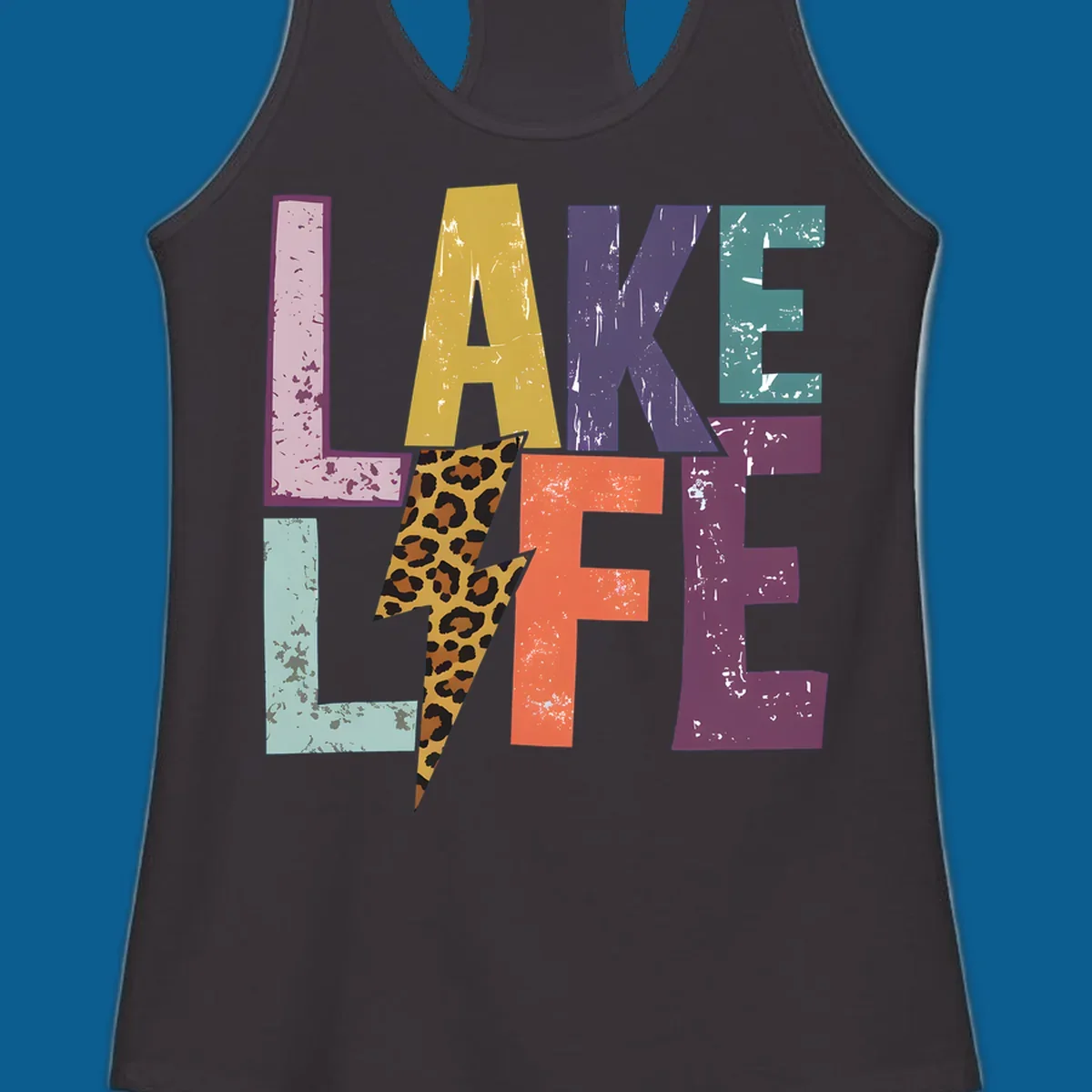Distressed letters spelling LAKE LIFE with a leopard print lightning bolt, lake-life-style.