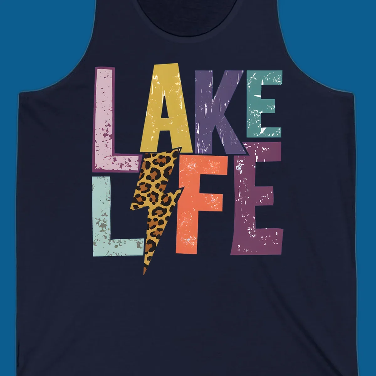 Distressed letters spelling LAKE LIFE with a leopard print lightning bolt, lake-life-style.