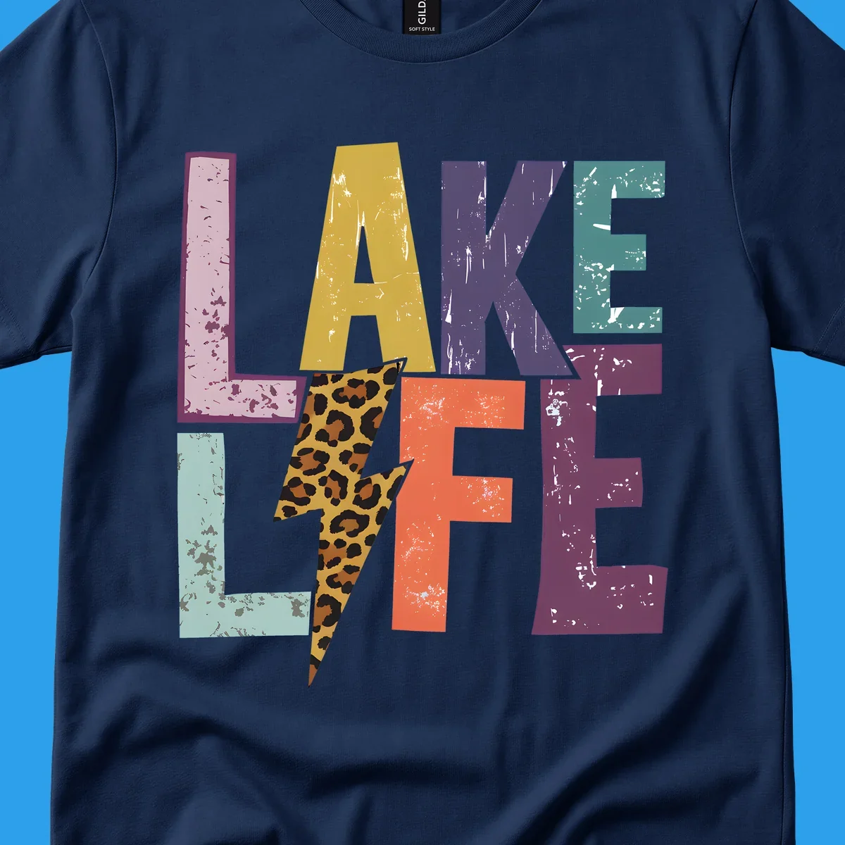 Distressed letters spelling LAKE LIFE with a leopard print lightning bolt, lake-life-style.