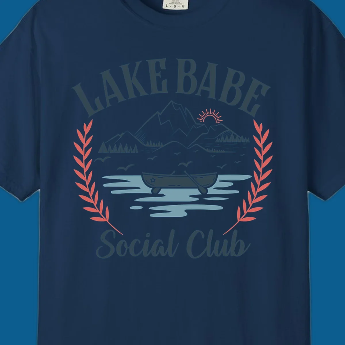 Lake Babe Social Club illustration with mountains, canoe, sun, and birds.