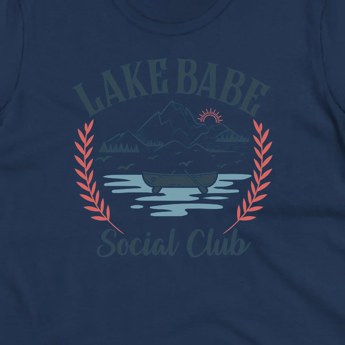 Lake Babe Social Club illustration with mountains, canoe, sun, and birds.