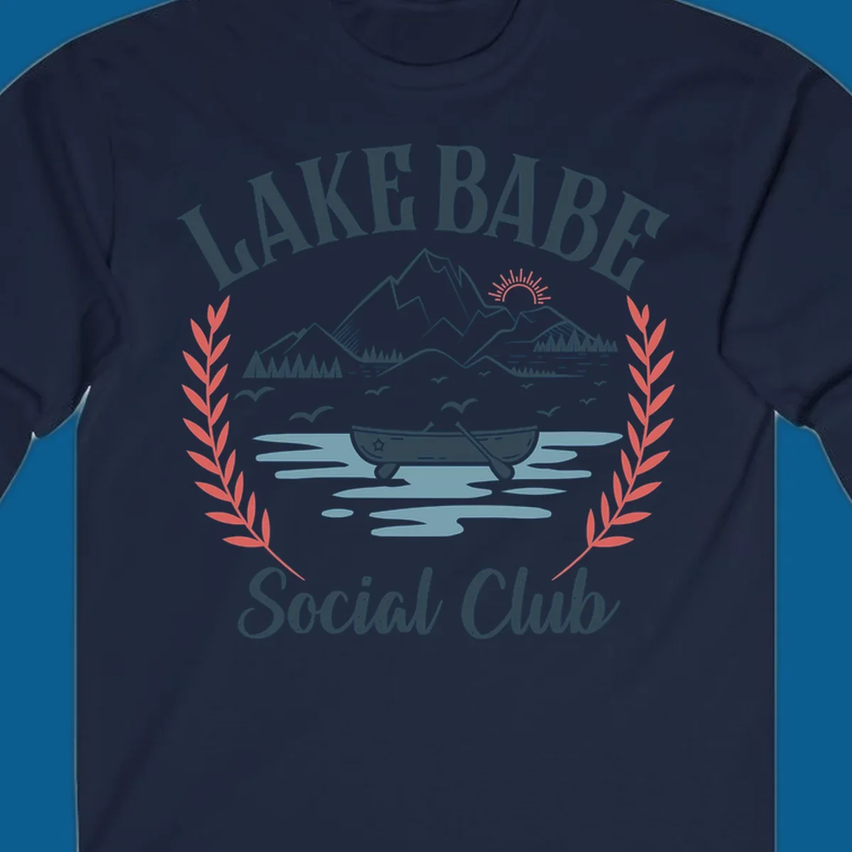 Lake Babe Social Club illustration with mountains, canoe, sun, and birds.