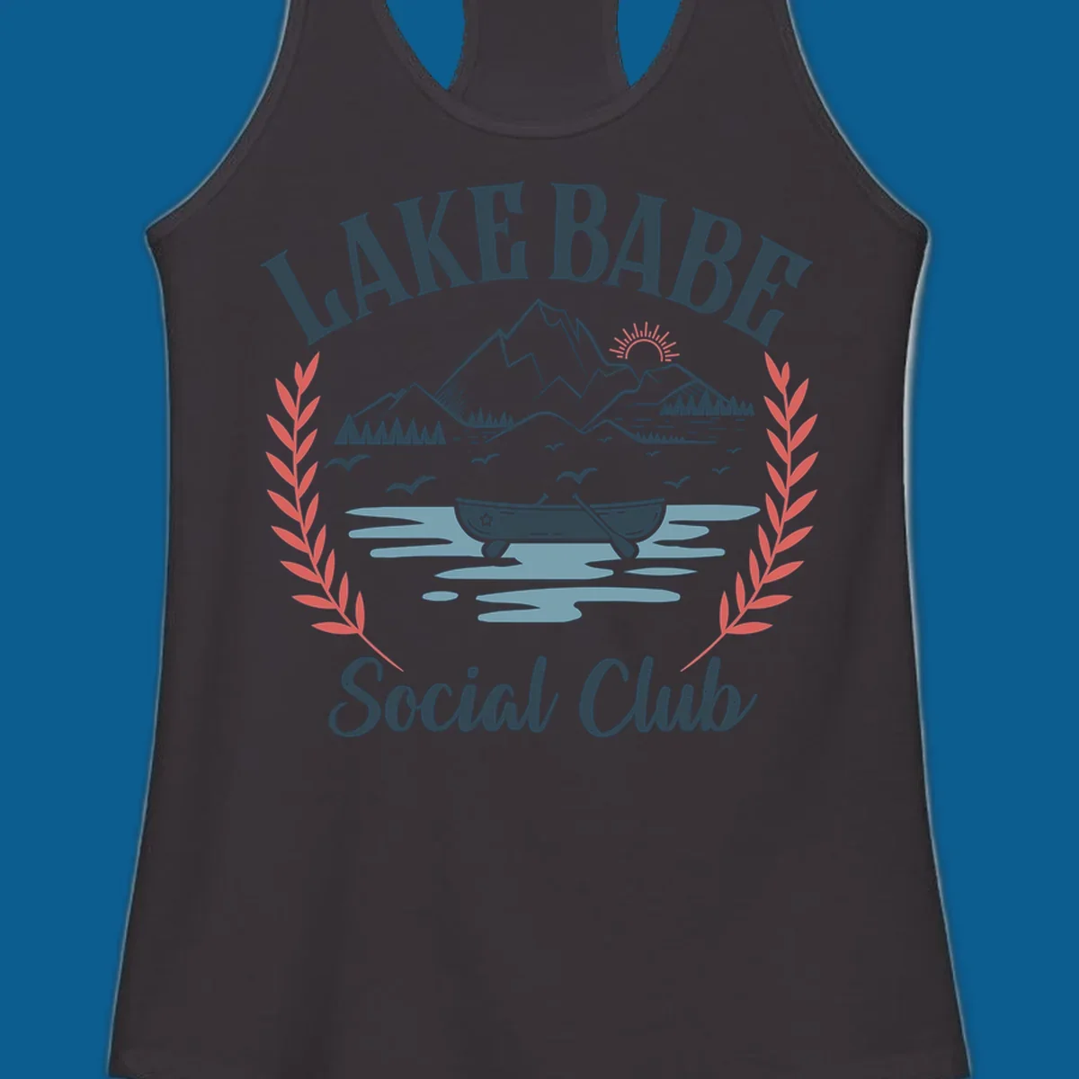 Lake Babe Social Club illustration with mountains, canoe, sun, and birds.
