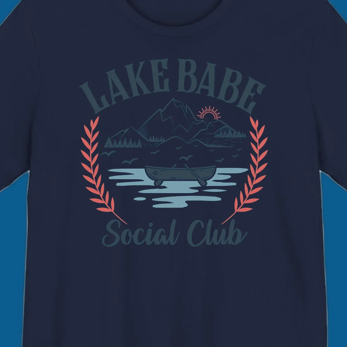 Lake Babe Social Club illustration with mountains, canoe, sun, and birds.