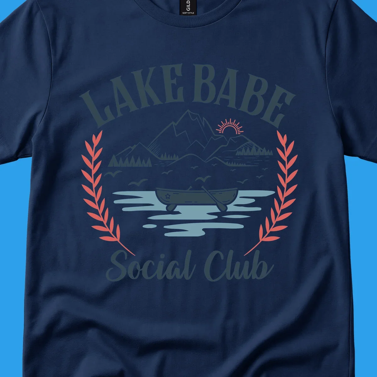 Lake Babe Social Club illustration with mountains, canoe, sun, and birds.