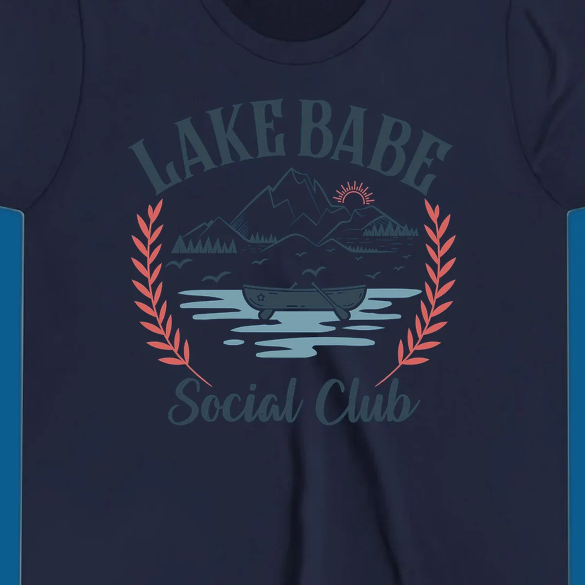 Lake Babe Social Club illustration with mountains, canoe, sun, and birds.