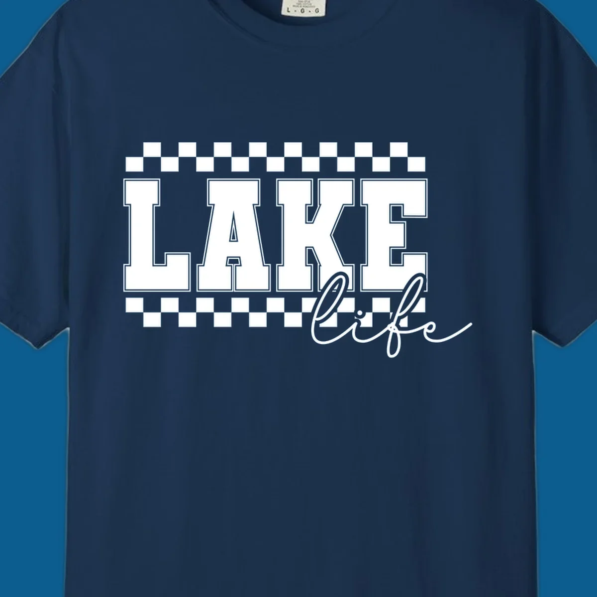 Lake life varsity text design with checkerboard patterns.