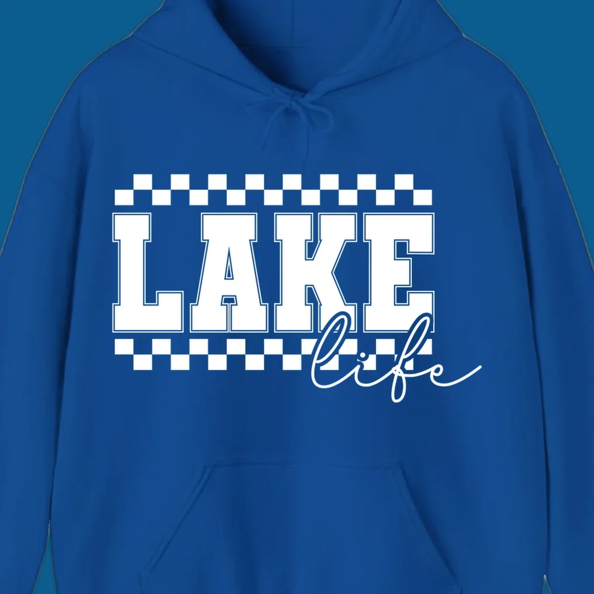 Lake life varsity text design with checkerboard patterns.