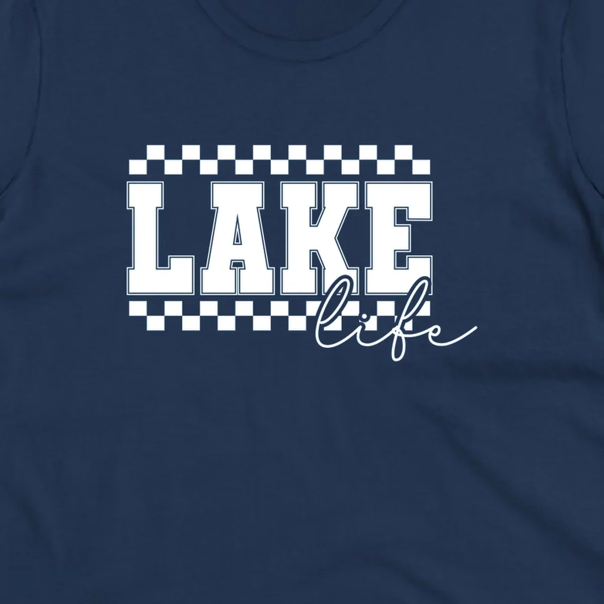 Lake life varsity text design with checkerboard patterns.