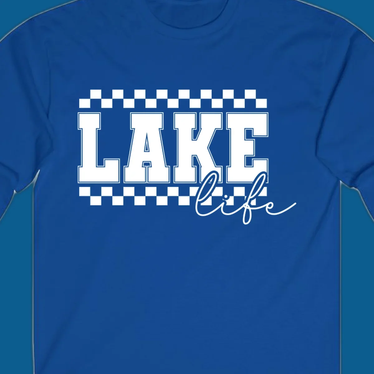 Lake life varsity text design with checkerboard patterns.