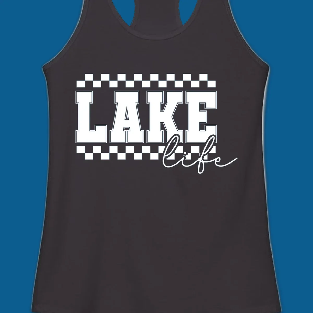 Lake life varsity text design with checkerboard patterns.