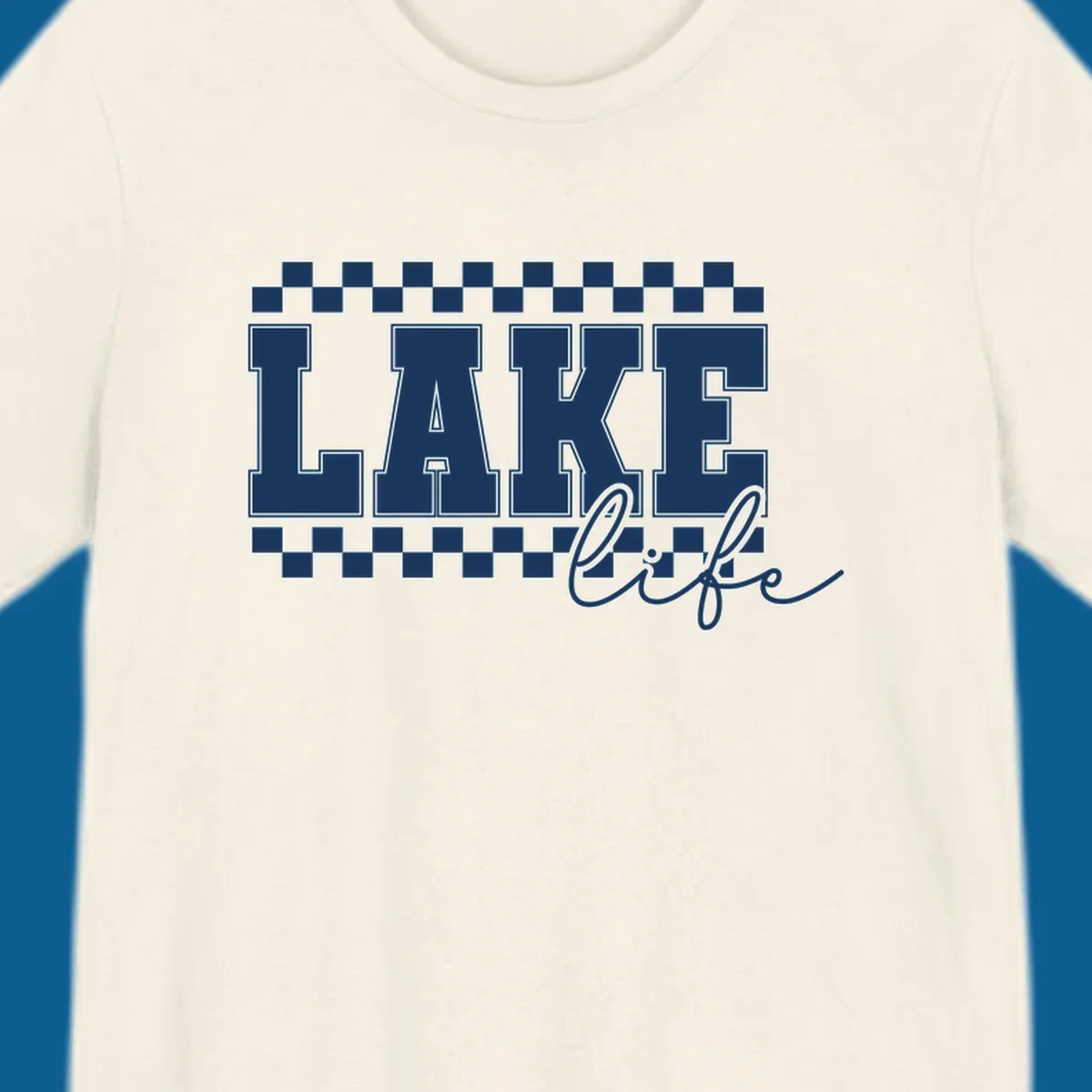 Lake life varsity text design with checkerboard patterns.
