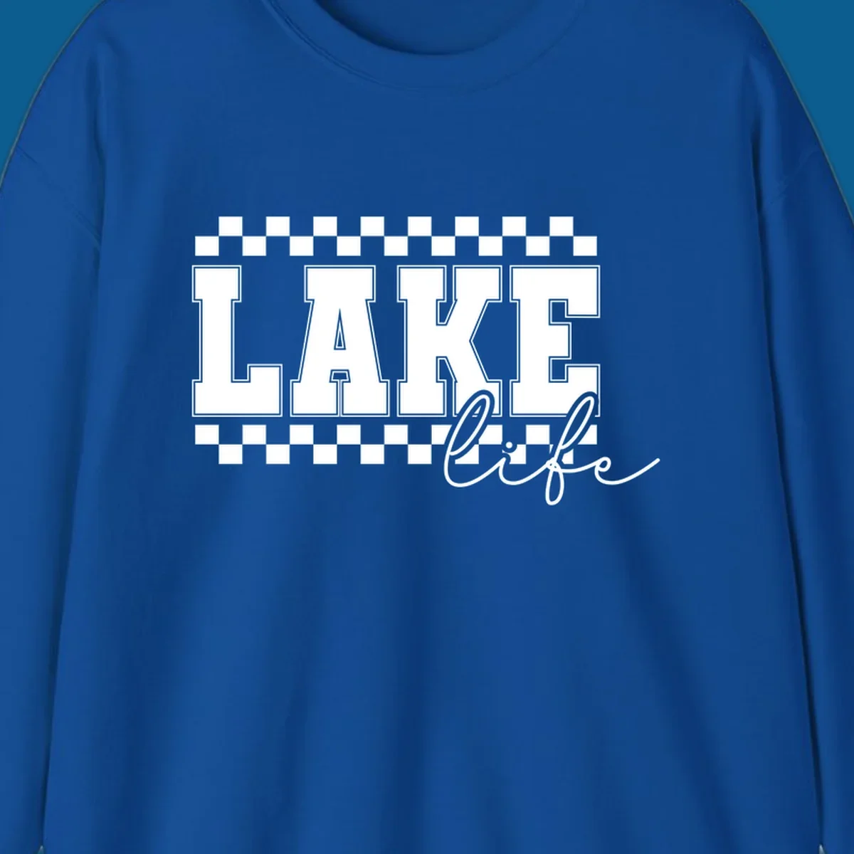 Lake life varsity text design with checkerboard patterns.