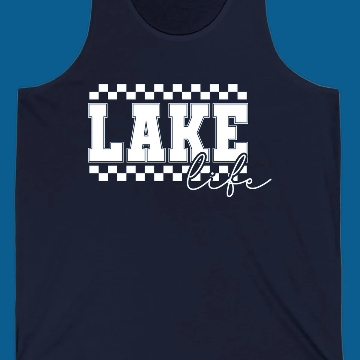 Lake life varsity text design with checkerboard patterns.