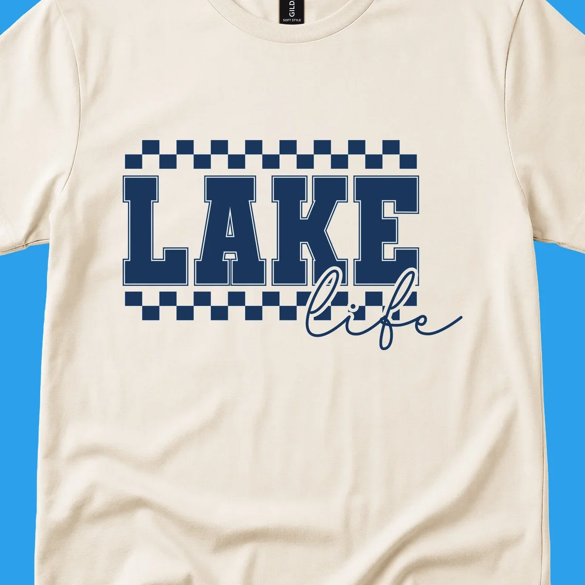 Lake life varsity text design with checkerboard patterns.