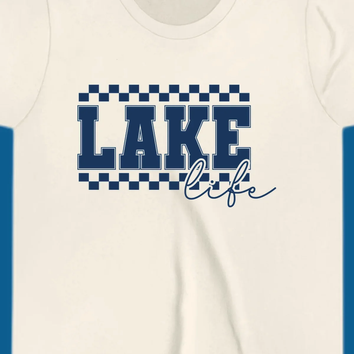 Lake life varsity text design with checkerboard patterns.
