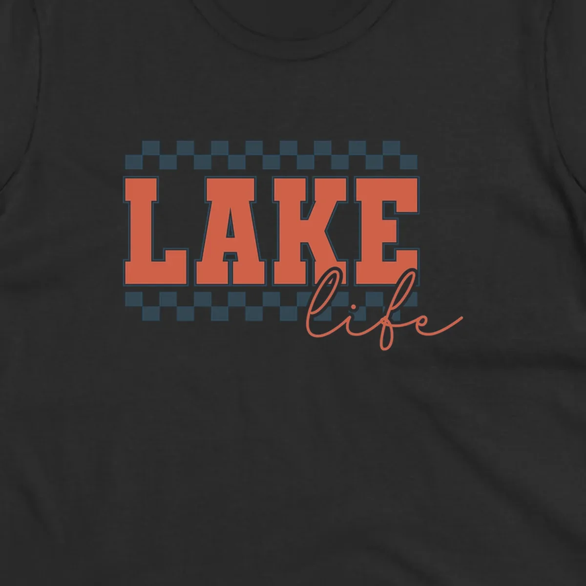 Coral block letters spelling LAKE with script "life" below, bordered by checkerboard. Lake life style.