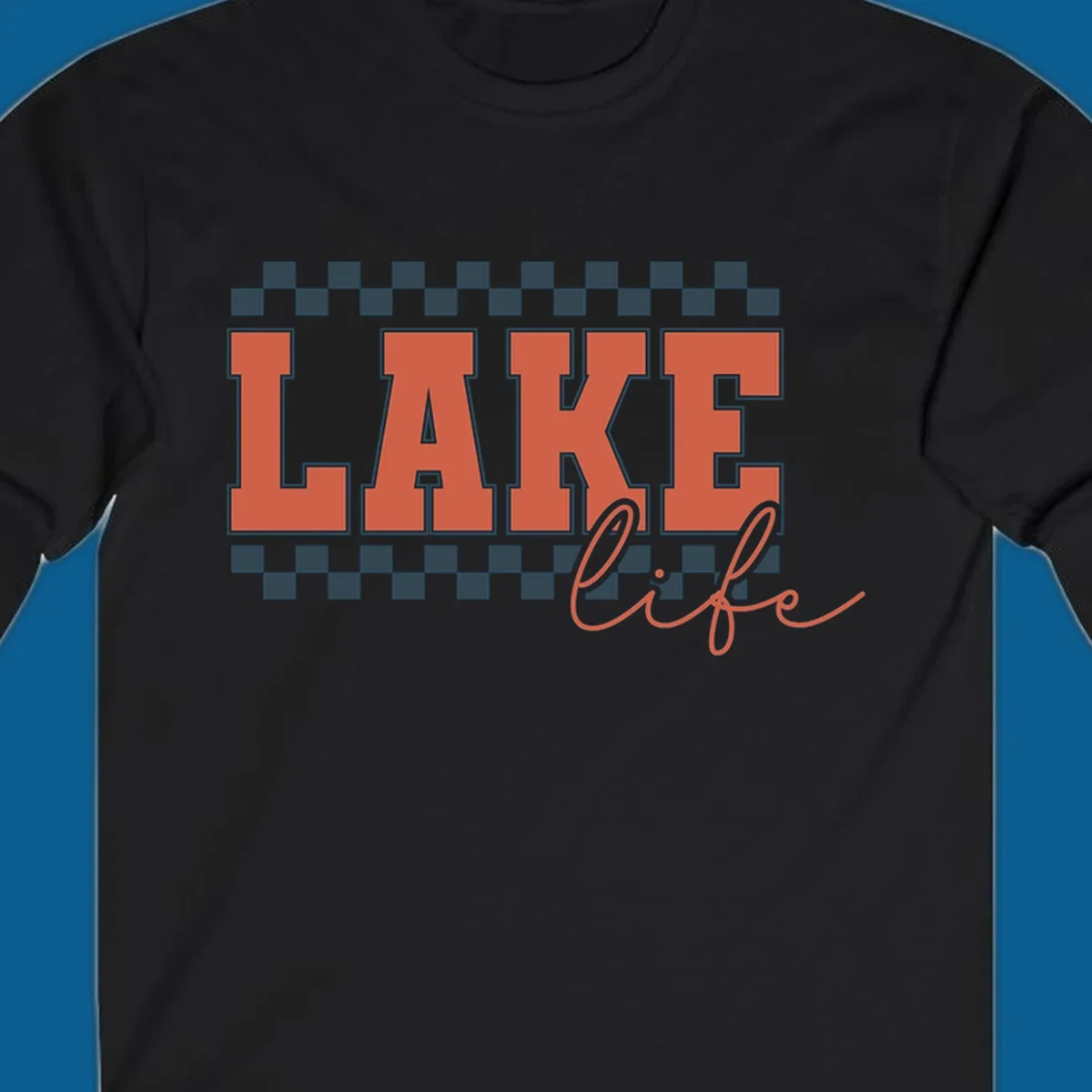 Coral block letters spelling LAKE with script "life" below, bordered by checkerboard. Lake life style.