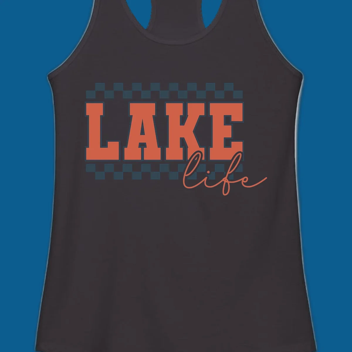 Coral block letters spelling LAKE with script "life" below, bordered by checkerboard. Lake life style.