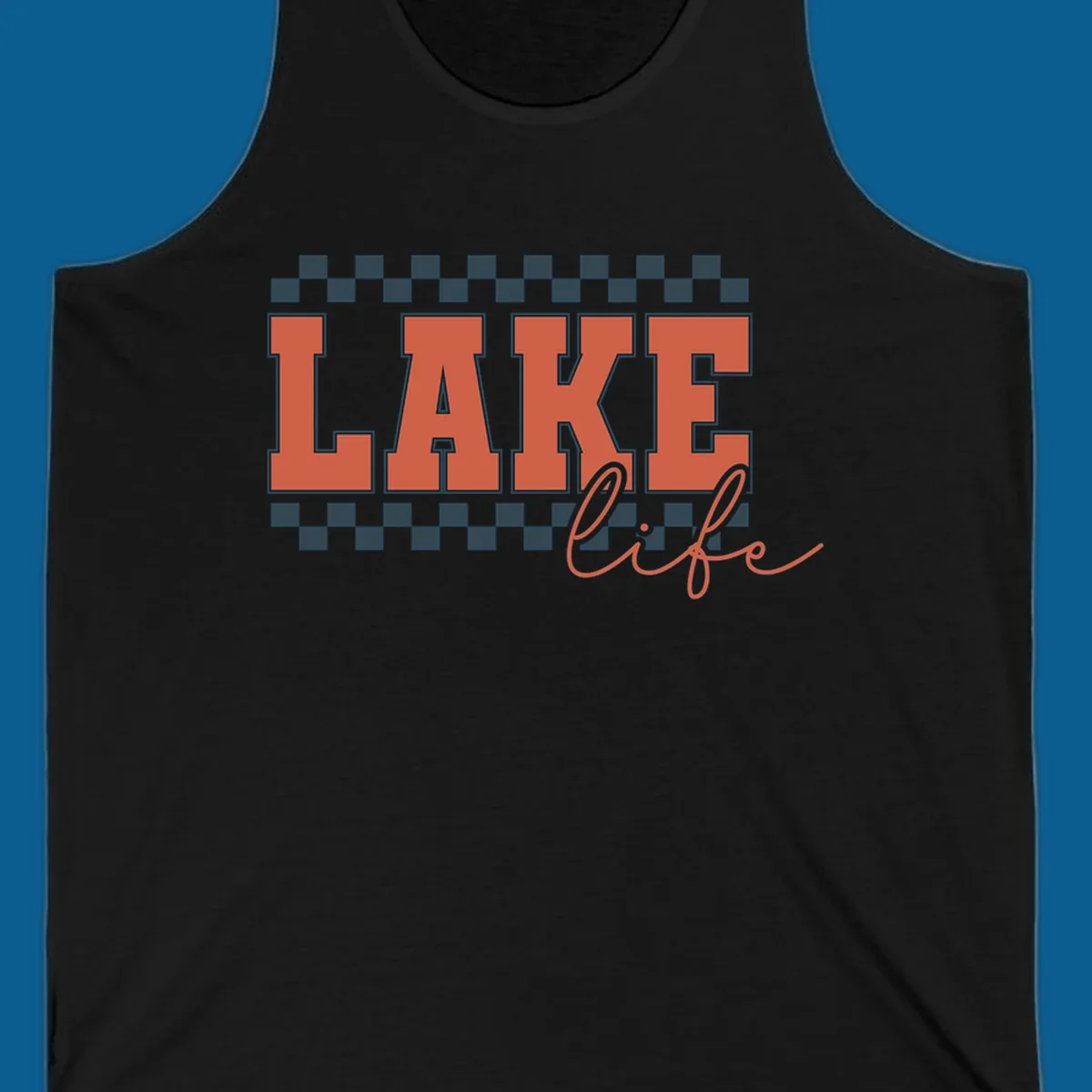 Coral block letters spelling LAKE with script "life" below, bordered by checkerboard. Lake life style.