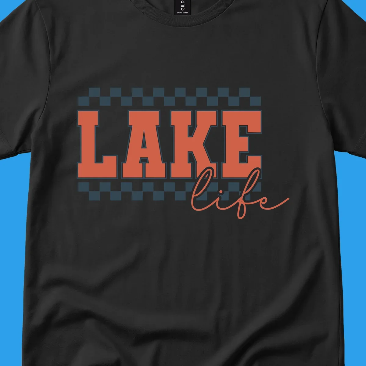 Coral block letters spelling LAKE with script "life" below, bordered by checkerboard. Lake life style.