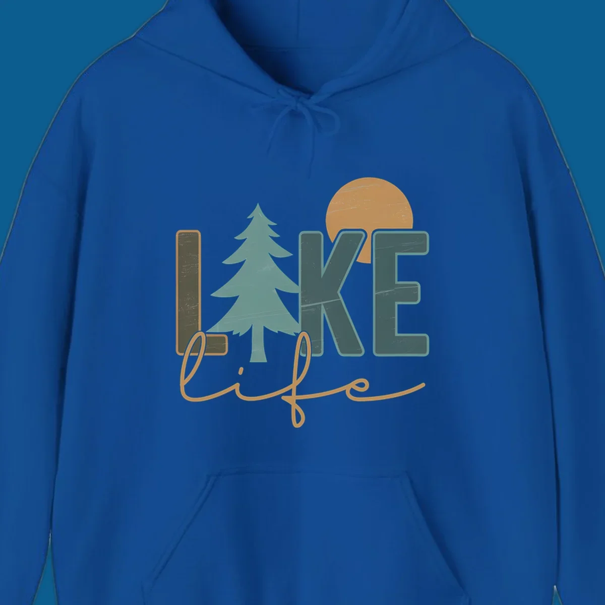 Retro lake life design with text, pine tree, and sun.