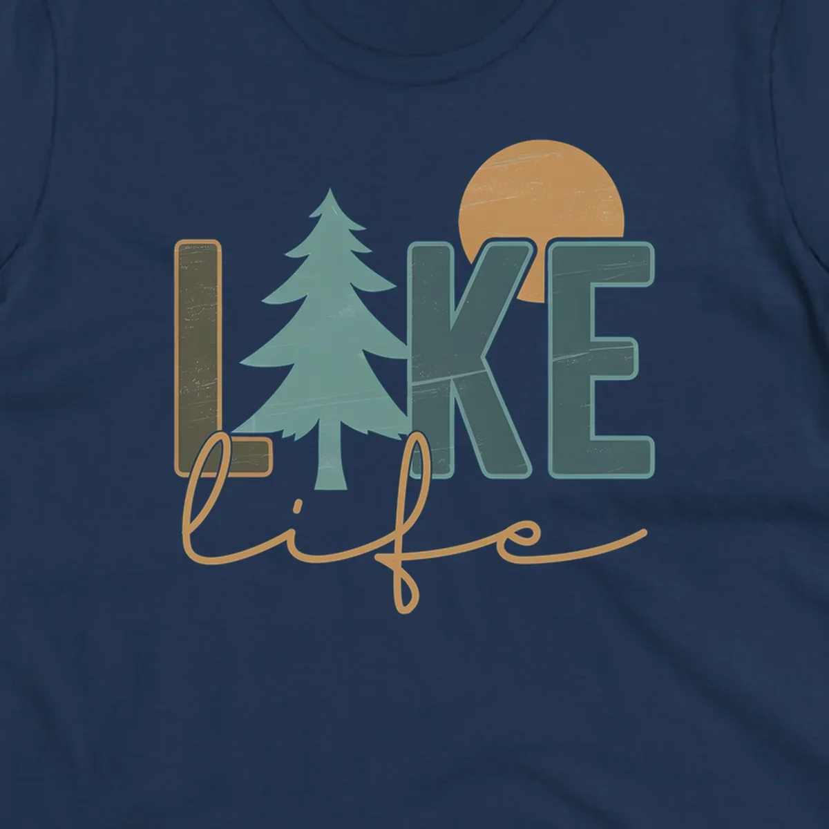 Retro lake life design with text, pine tree, and sun.