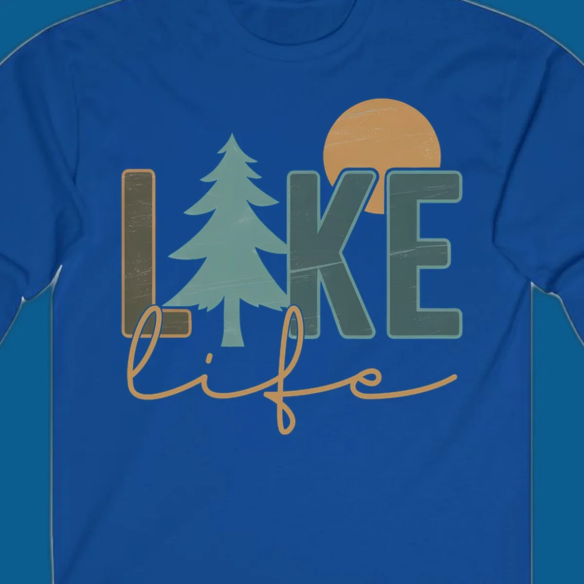 Retro lake life design with text, pine tree, and sun.