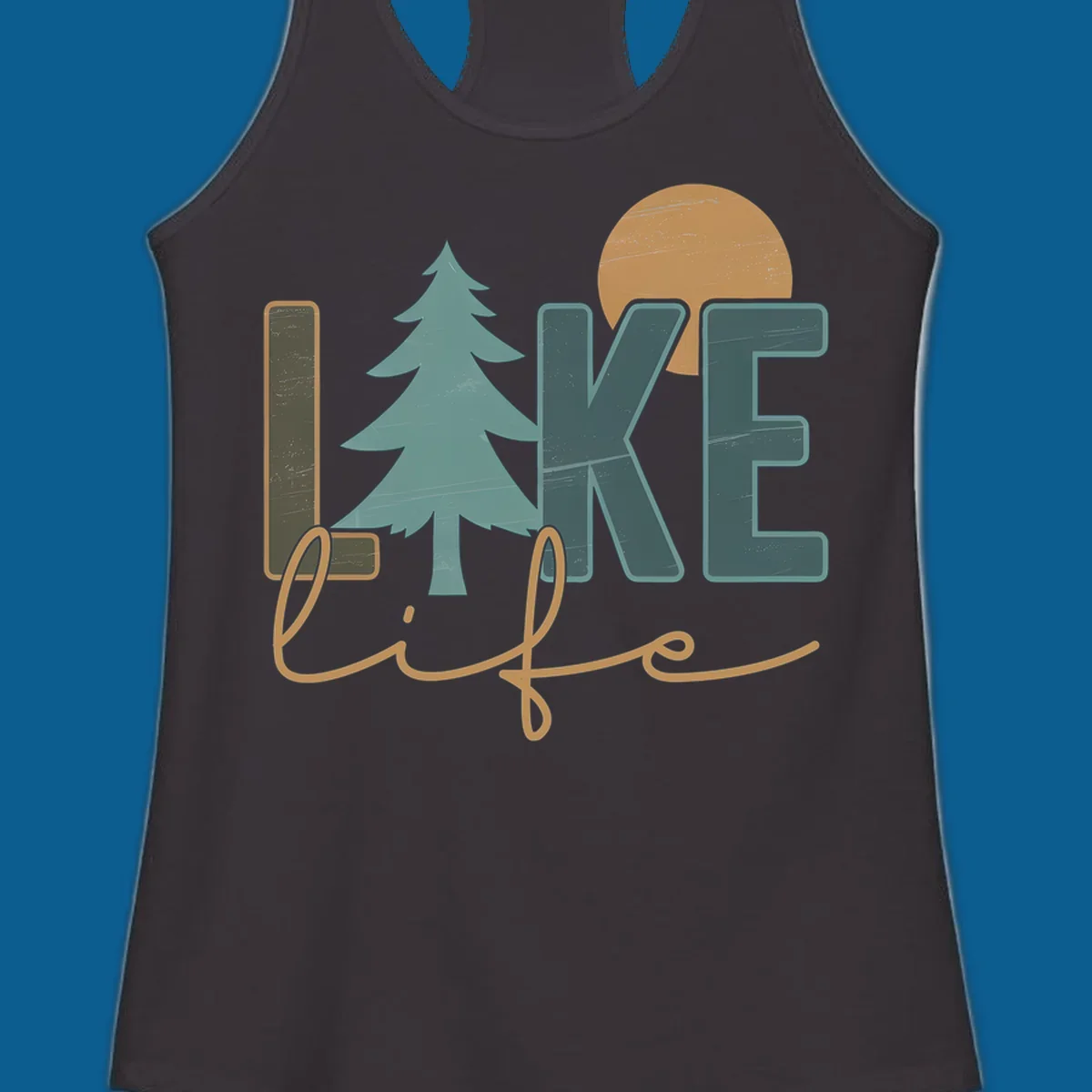 Retro lake life design with text, pine tree, and sun.