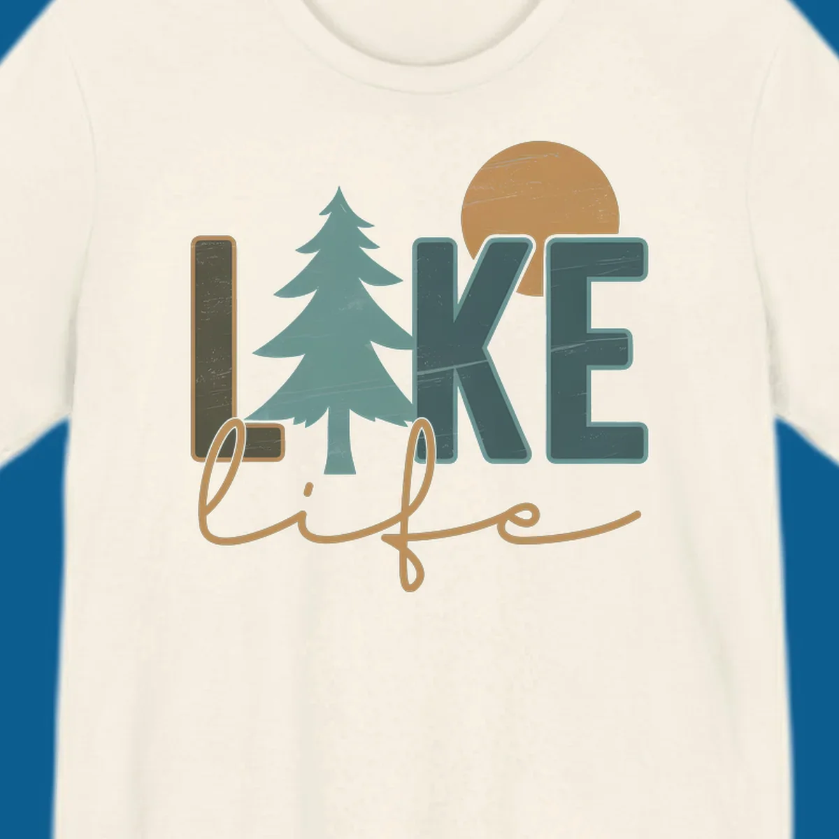 Retro lake life design with text, pine tree, and sun.