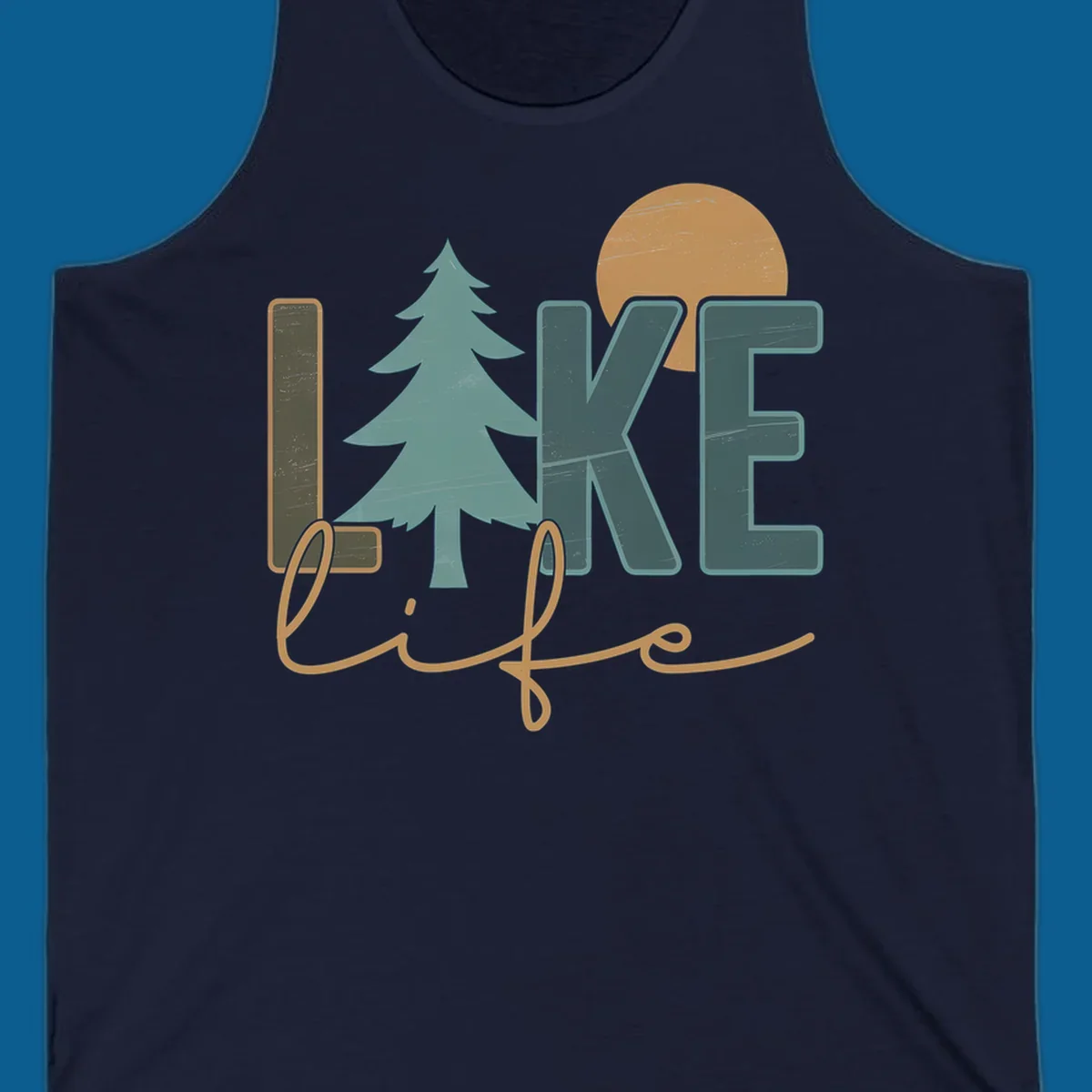 Retro lake life design with text, pine tree, and sun.