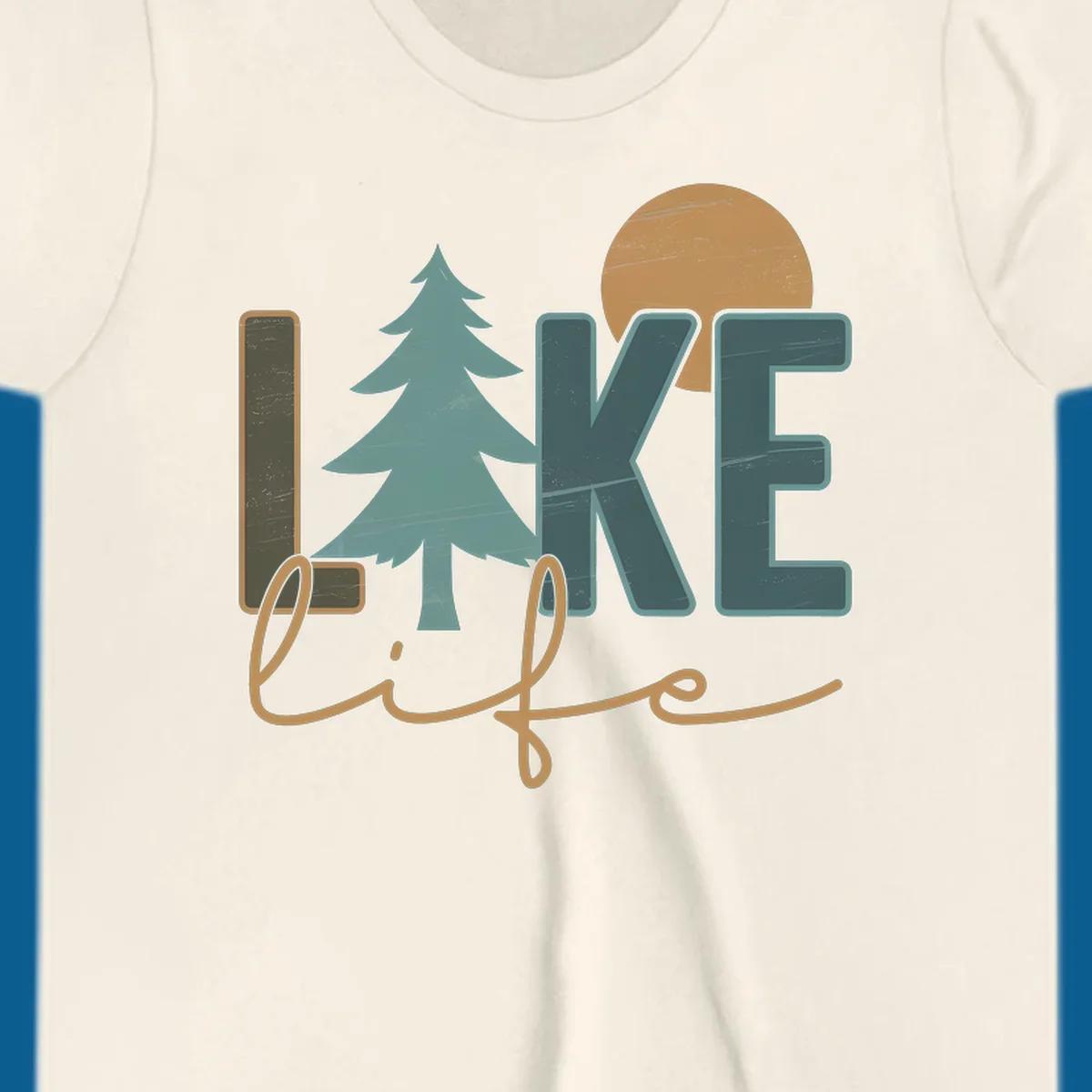 Retro lake life design with text, pine tree, and sun.