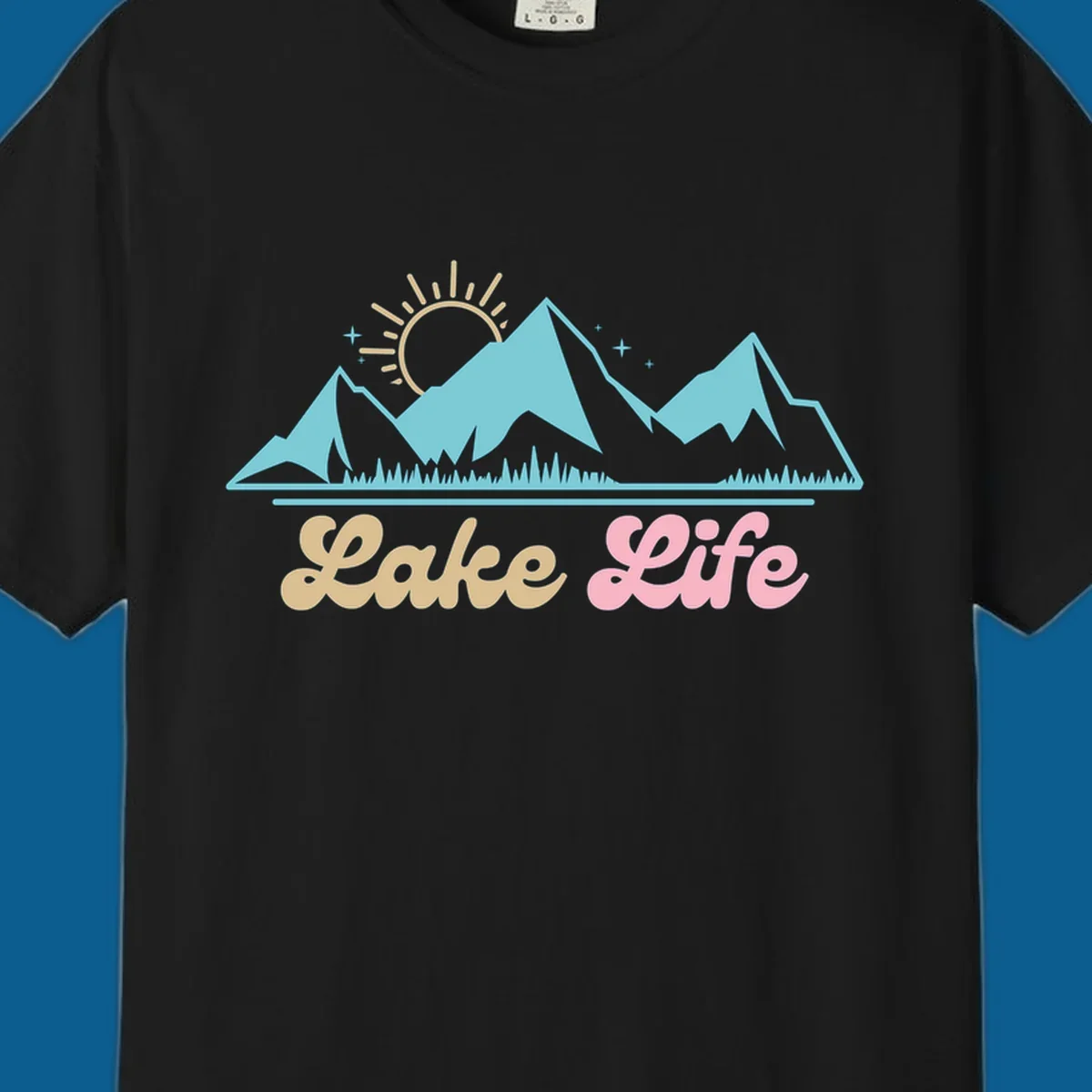 Lake Life mountains sunset illustration with text.