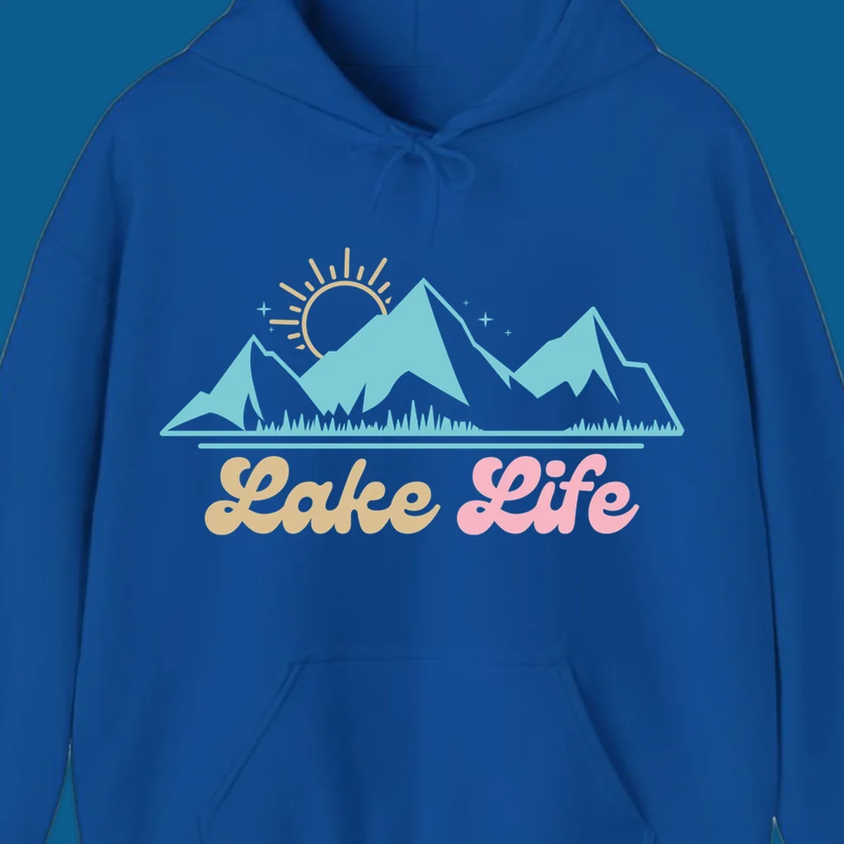 Lake Life mountains sunset illustration with text.