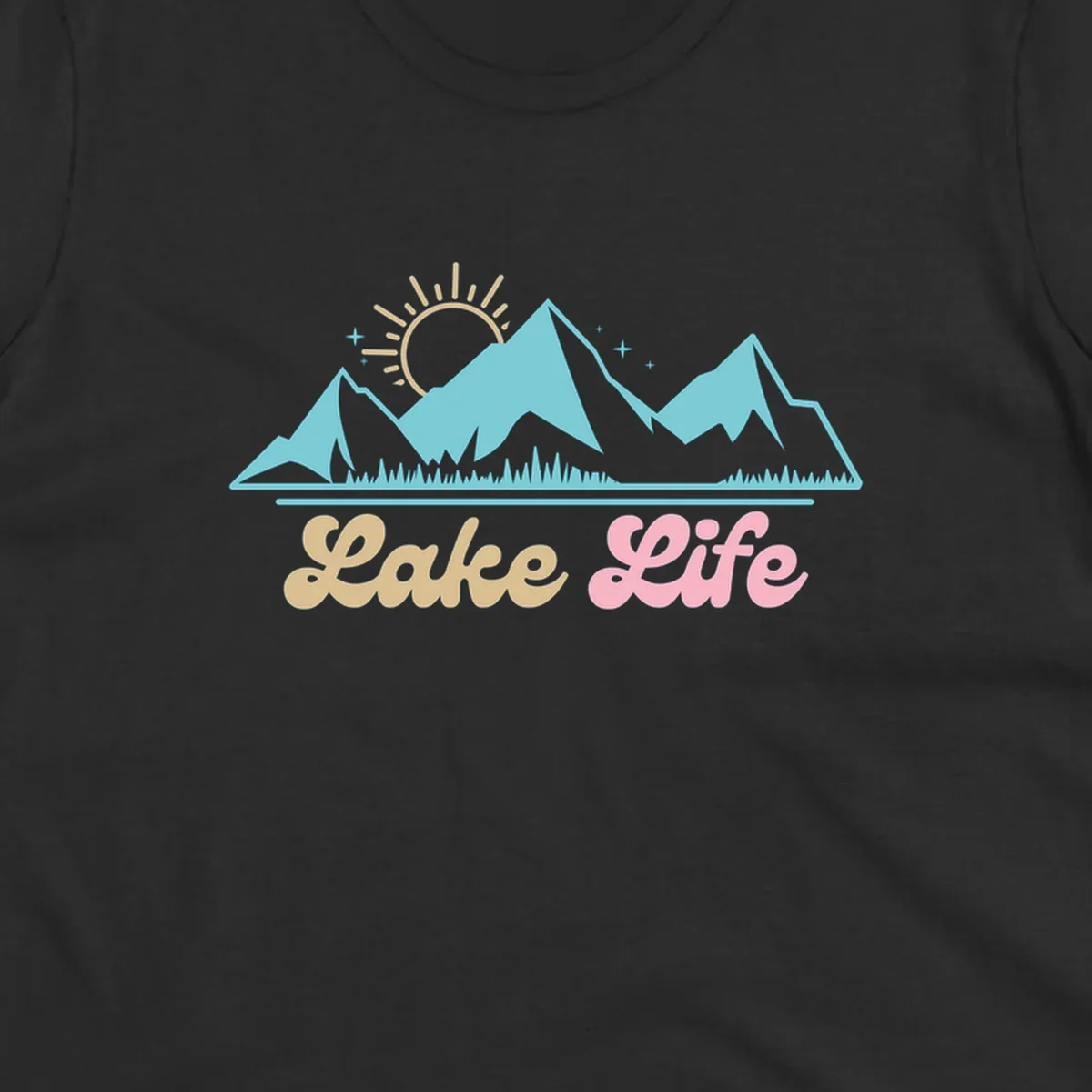 Lake Life mountains sunset illustration with text.